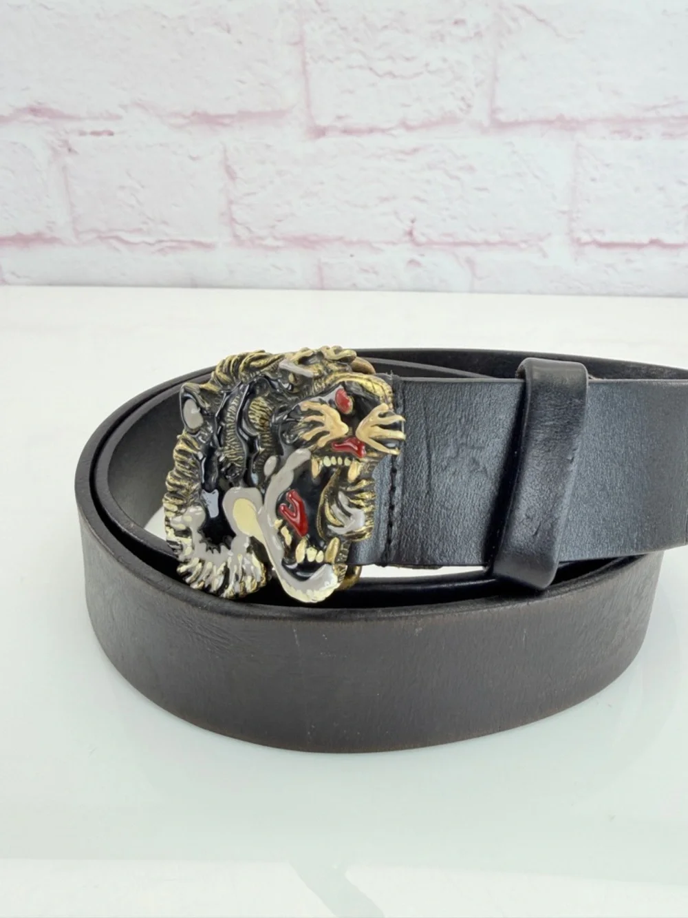 Gucci Black Leather Men’s Belt Lion Buckle 114984 100/40